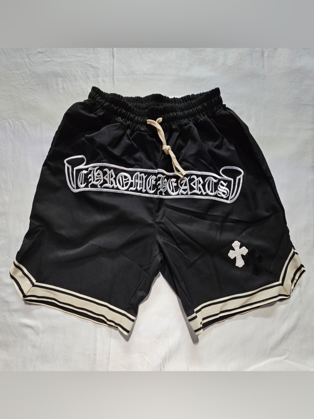 Chrome Hearts Black Athletic Shorts with Cream Trim and Logo